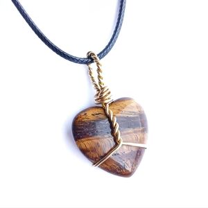 Tiger's eye heart shaped wire wrapped pendant on 20 inch black cord necklace new